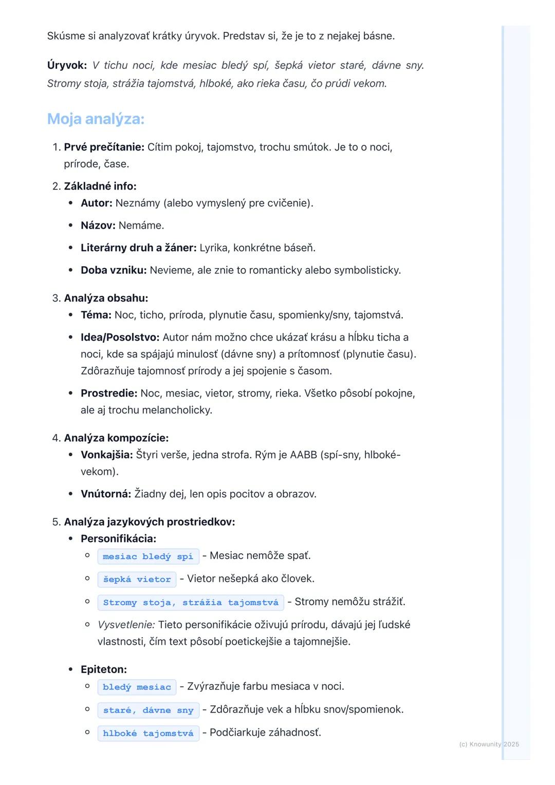 # Analýza umeleckého textu

## Prehľad / Úvod

Analýza umeleckého textu je pre mňa dôležitá, lebo mi pomáha lepšie
pochopiť, čo nám autor ch