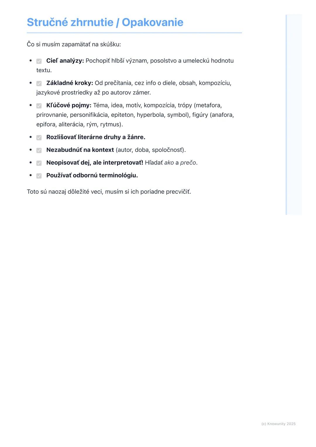 # Analýza umeleckého textu

## Prehľad / Úvod

Analýza umeleckého textu je pre mňa dôležitá, lebo mi pomáha lepšie
pochopiť, čo nám autor ch