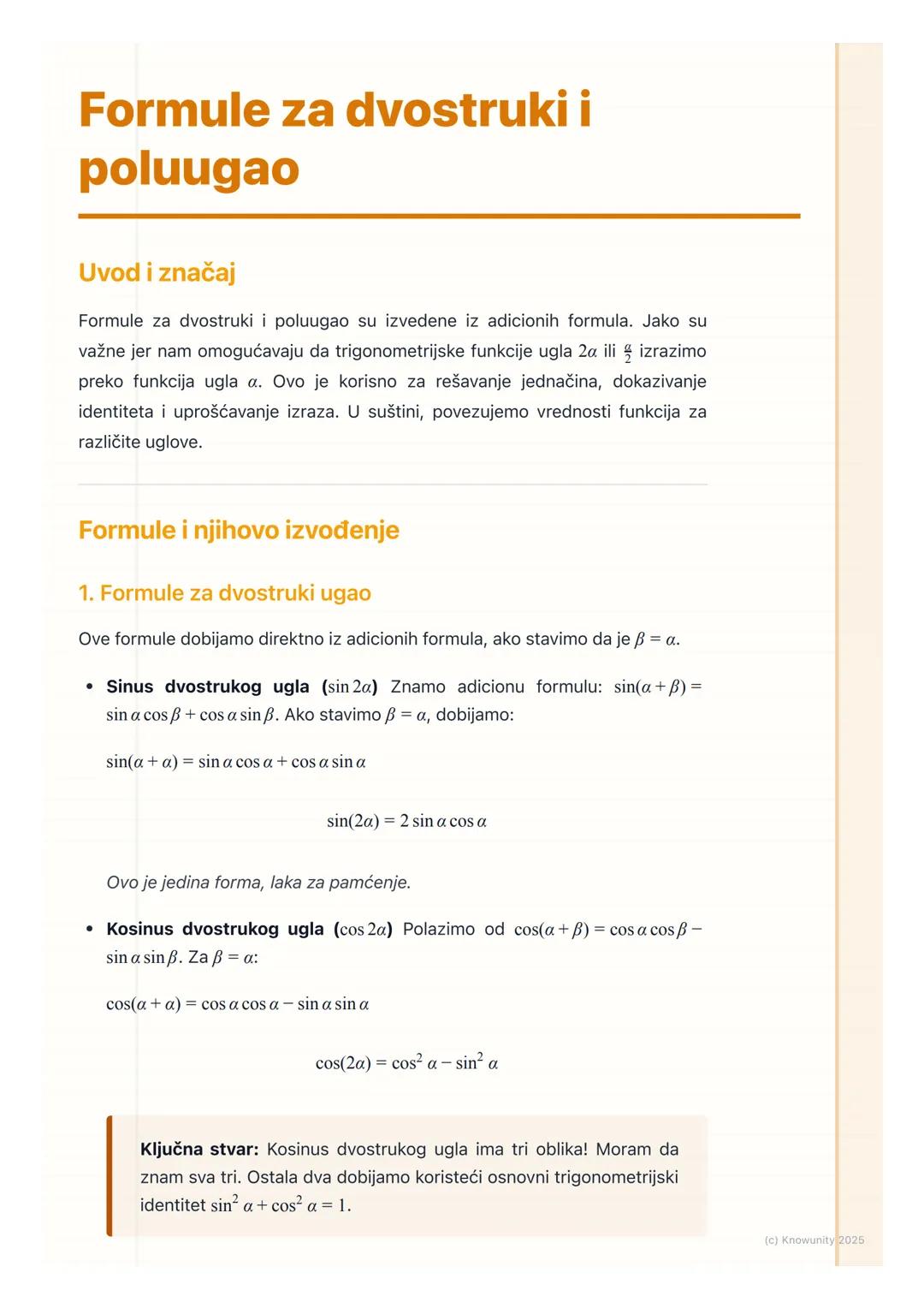 # Formule za dvostruki i
poluugao

Uvod i značaj

Formule za dvostruki i poluugao su izvedene iz adicionih formula. Jako su
važne jer nam om