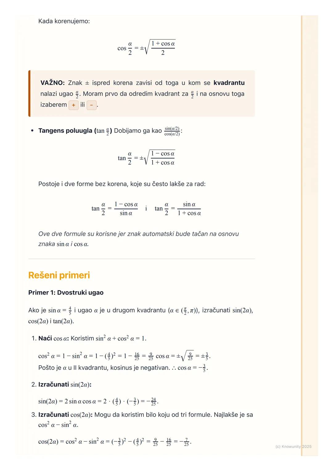# Formule za dvostruki i
poluugao

Uvod i značaj

Formule za dvostruki i poluugao su izvedene iz adicionih formula. Jako su
važne jer nam om