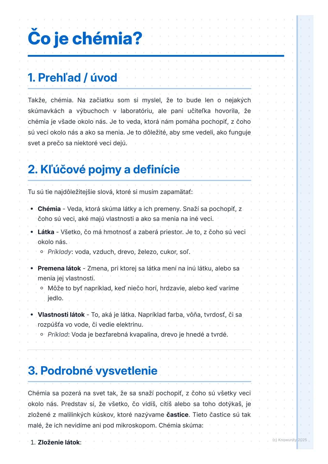 # Čo je chémia?

1. Prehľad / úvod

Takže, chémia. Na začiatku som si myslel, že to bude len o nejakých
skúmavkách a výbuchoch v laboratóriu