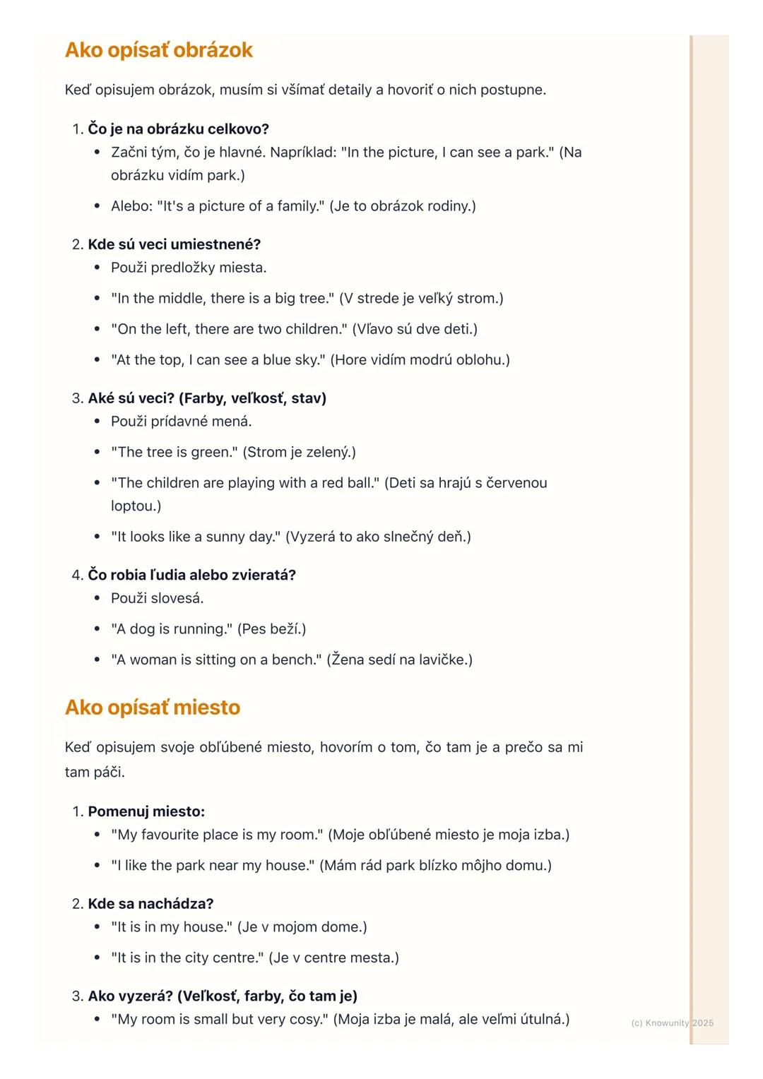 # Opisovanie obrázkov a miest

## Prehľad témy

Na tejto hodine sa učíme, ako pekne a správne opísať obrázky alebo miesta,
ktoré poznáme, v 