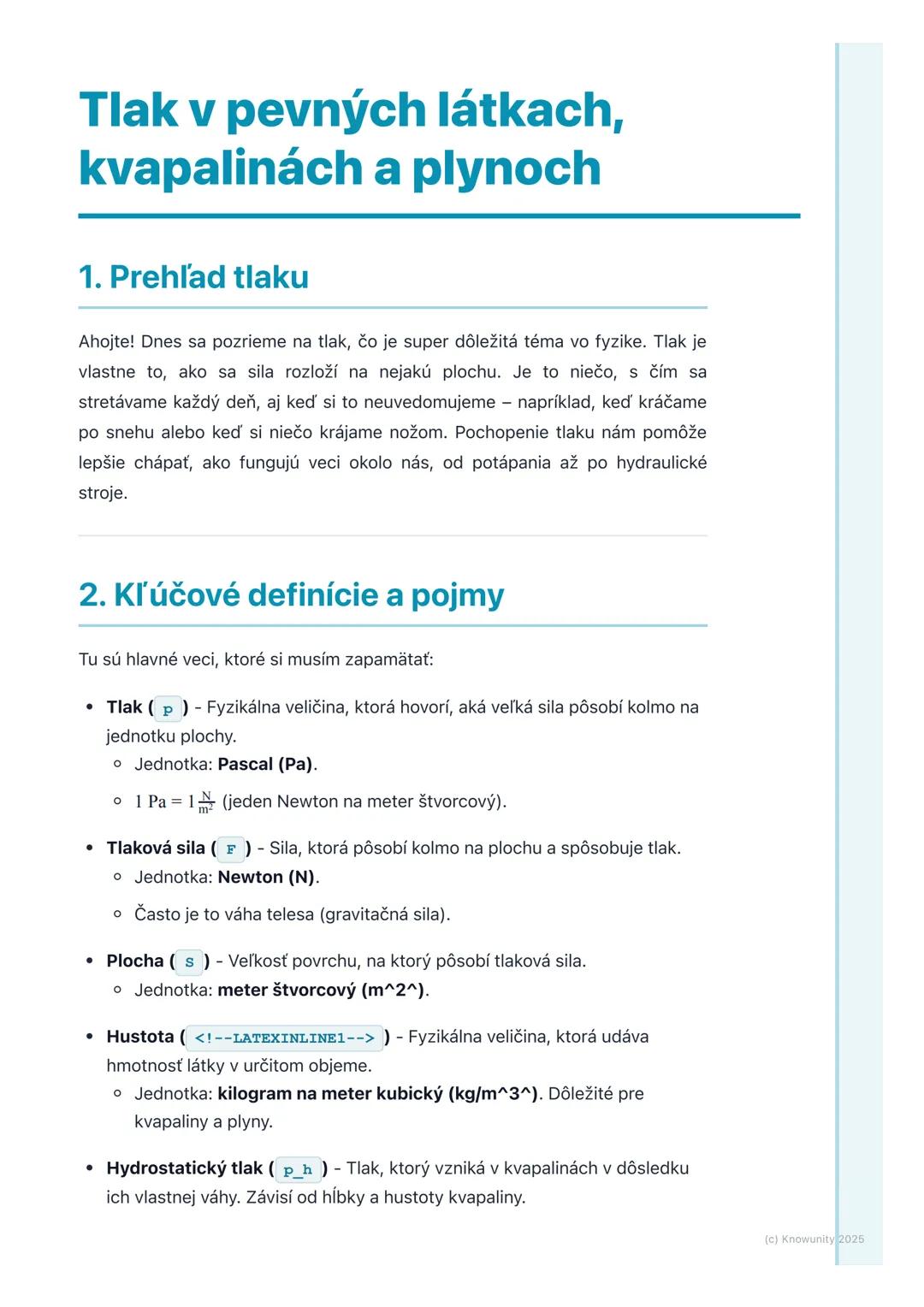 # Tlak v pevných látkach,
kvapalinách a plynoch

## 1. Prehľad tlaku

Ahojte! Dnes sa pozrieme na tlak, čo je super dôležitá téma vo fyzike.