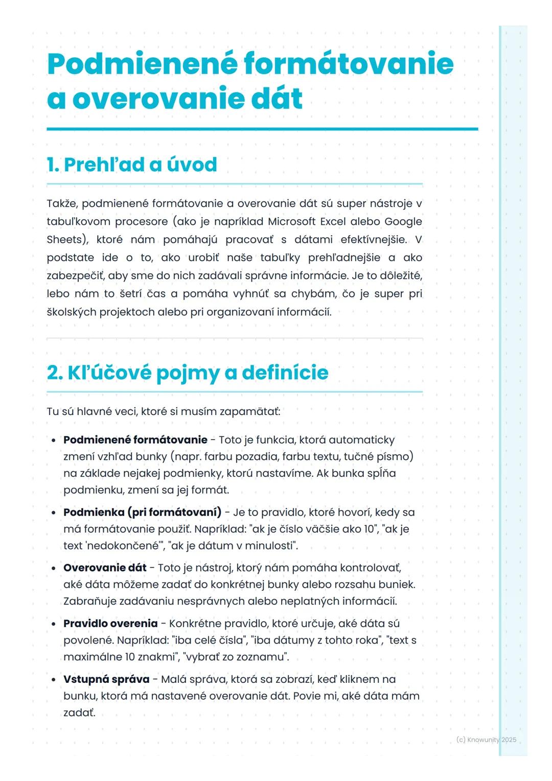 # Podmienené formátovanie
a overovanie dát

1. Prehl'ad a úvod

Takže, podmienené formátovanie a overovanie dát sú super nástroje v
tabuľkov
