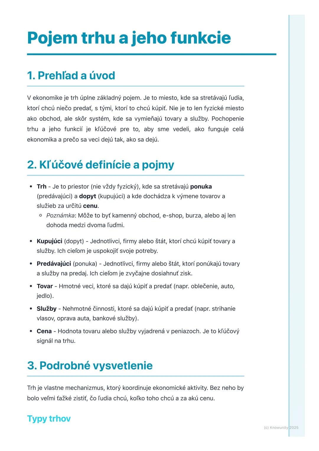 # Pojem trhu a jeho funkcie

1. Prehľad a úvod

V ekonomike je trh úplne základný pojem. Je to miesto, kde sa stretávajú ľudia,
ktorí chcú n