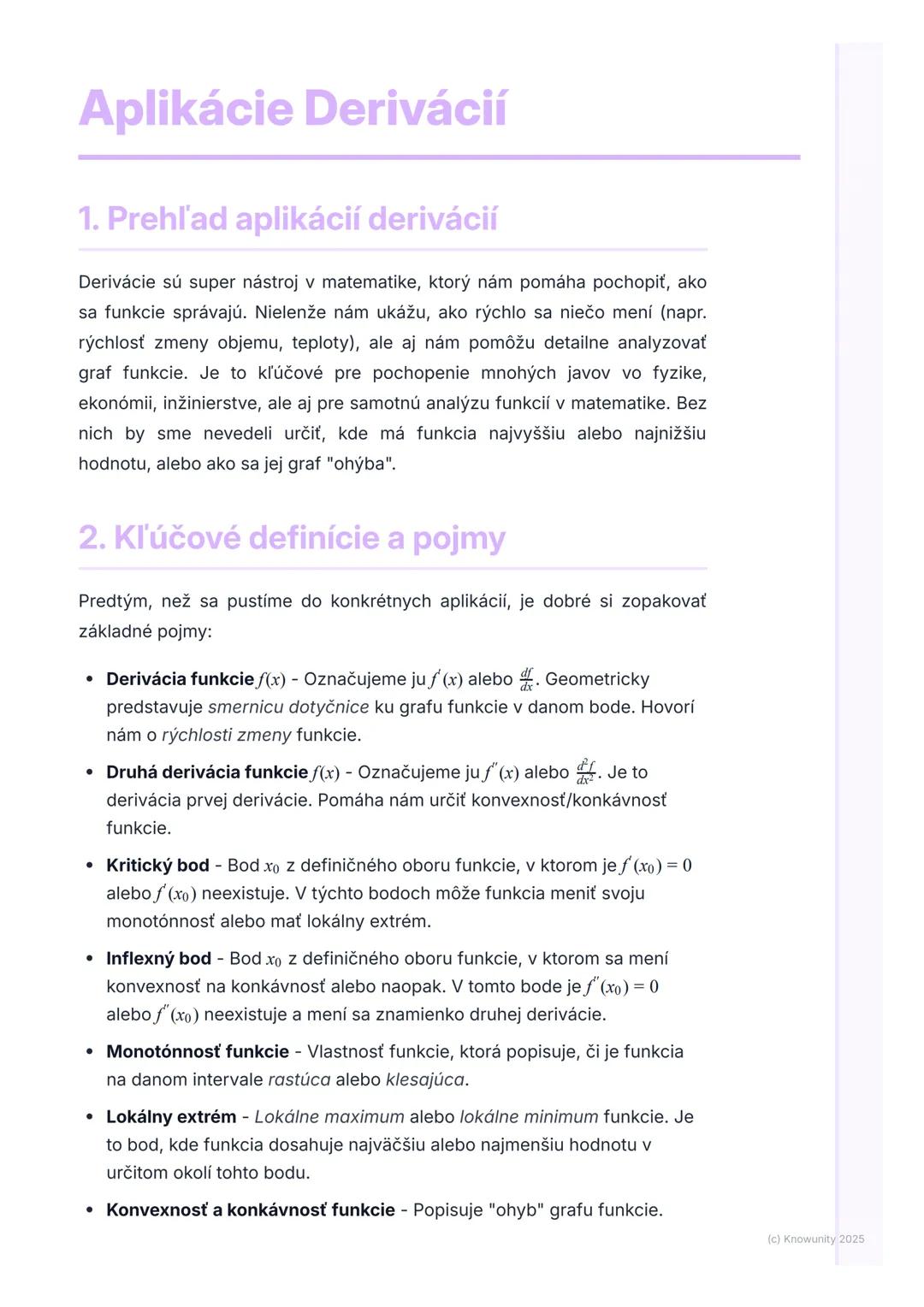 # Aplikácie Derivácií

1. Prehľad aplikácií derivácií

Derivácie sú super nástroj v matematike, ktorý nám pomáha pochopiť, ako
sa funkcie sp