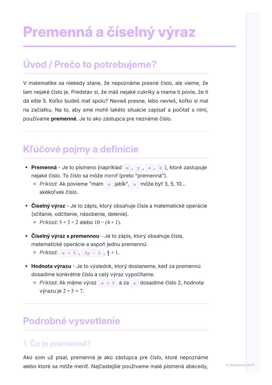 # Premenná a číselný výraz

Úvod / Prečo to potrebujeme?

V matematike sa niekedy stane, že nepoznáme presné číslo, ale vieme, že
tam nejaké