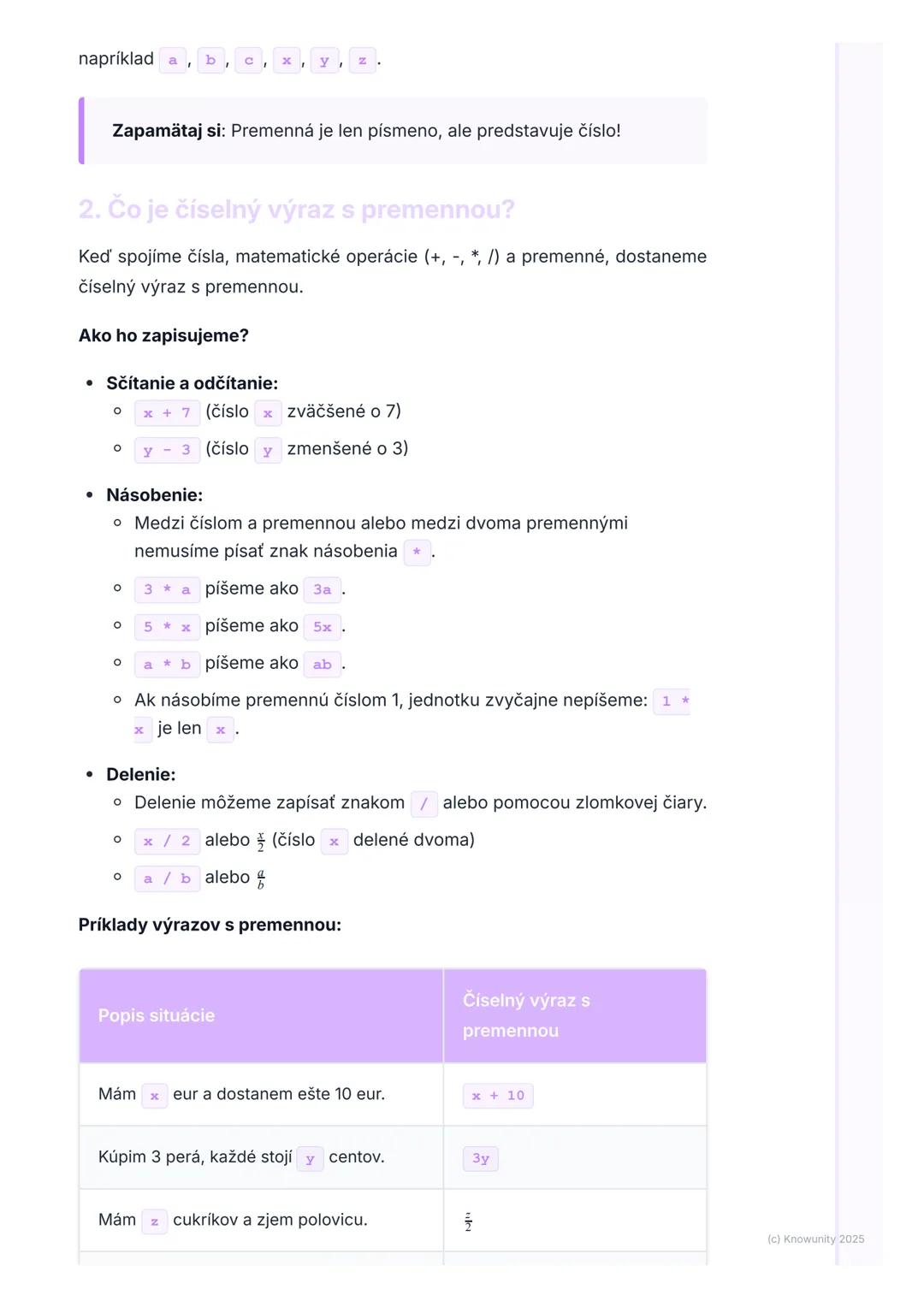 # Premenná a číselný výraz

Úvod / Prečo to potrebujeme?

V matematike sa niekedy stane, že nepoznáme presné číslo, ale vieme, že
tam nejaké
