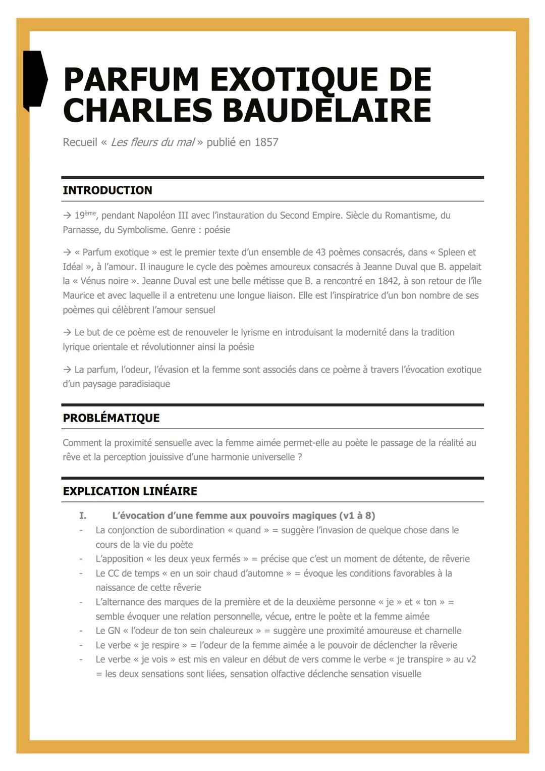 # PARFUM EXOTIQUE DE
# CHARLES BAUDELAIRE
Recueil <<< Les fleurs du mal » publié en 1857

# INTRODUCTION
→19ème, pendant Napoléon III avec l