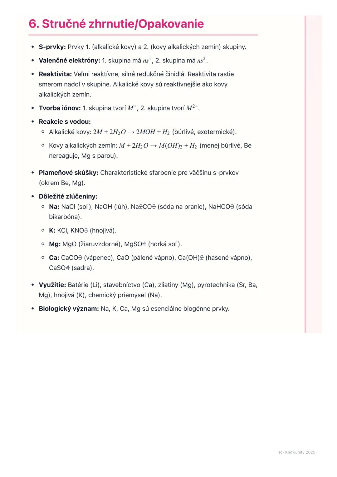 # Chémia s-prvkov

## 1. Prehľad s-prvkov

S-prvky sú tie prvky v periodickej tabuľke, ktorých valenčné elektróny
obsadzujú orbitály typu s.