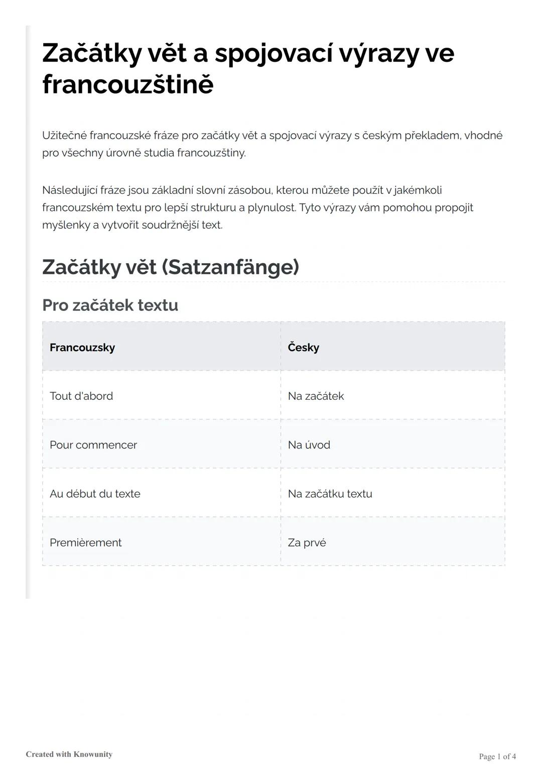 # Začátky vět a spojovací výrazy ve
francouzštině

Užitečné francouzské fráze pro začátky vět a spojovací výrazy s českým překladem, vhodné
