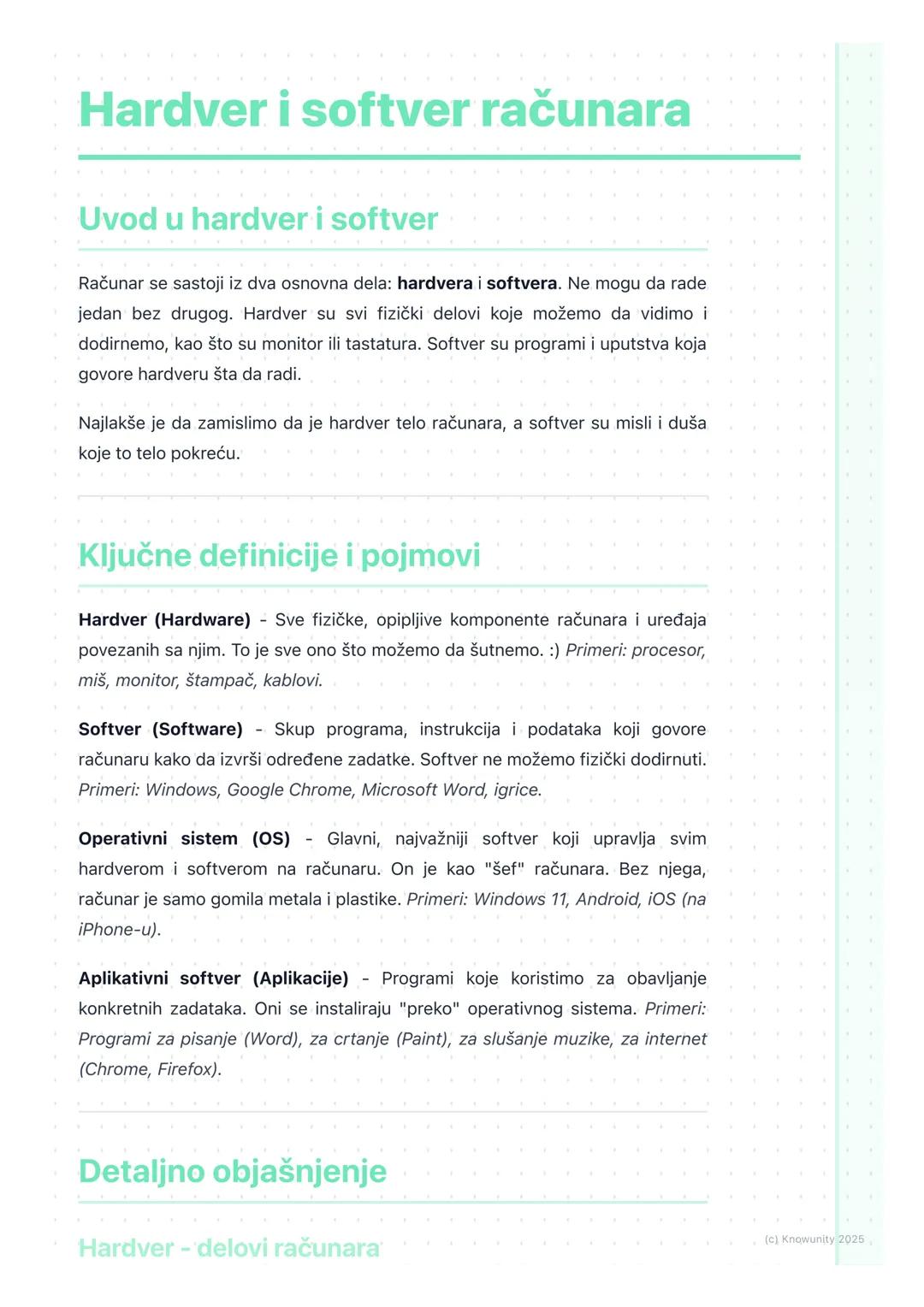 # Hardver i softver računara

Uvod u hardver i softver

Računar se sastoji iz dva osnovna dela: hardvera i softvera. Ne mogu da rade
jedan b