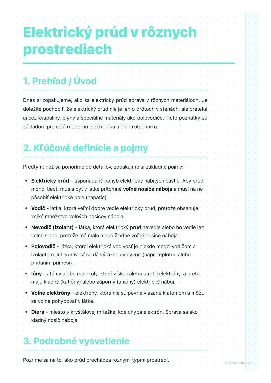 # Elektrický prúd v rôznych
prostrediach

1. Prehľad / Úvod

Dnes si zopakujeme, ako sa elektrický prúd správa v rôznych materiáloch. Je
dôl