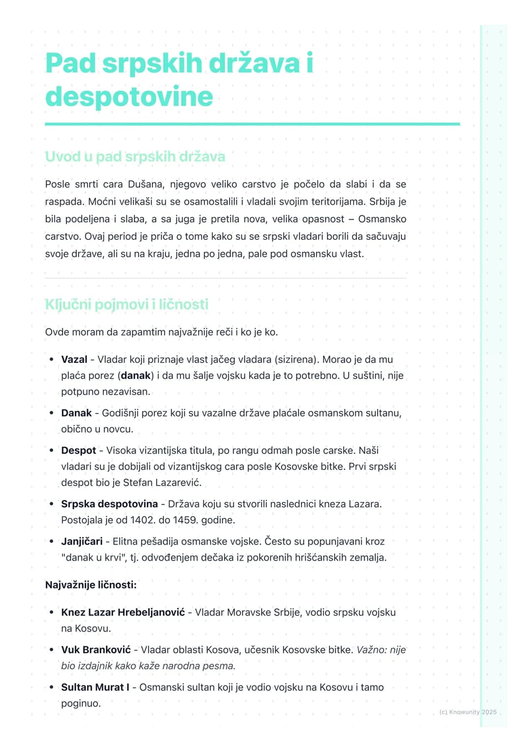 # Pad srpskih država i
despotovine

Uvod u pad srpskih država

Posle smrti cara Dušana, njegovo veliko carstvo je počelo da slabi i da se
ra