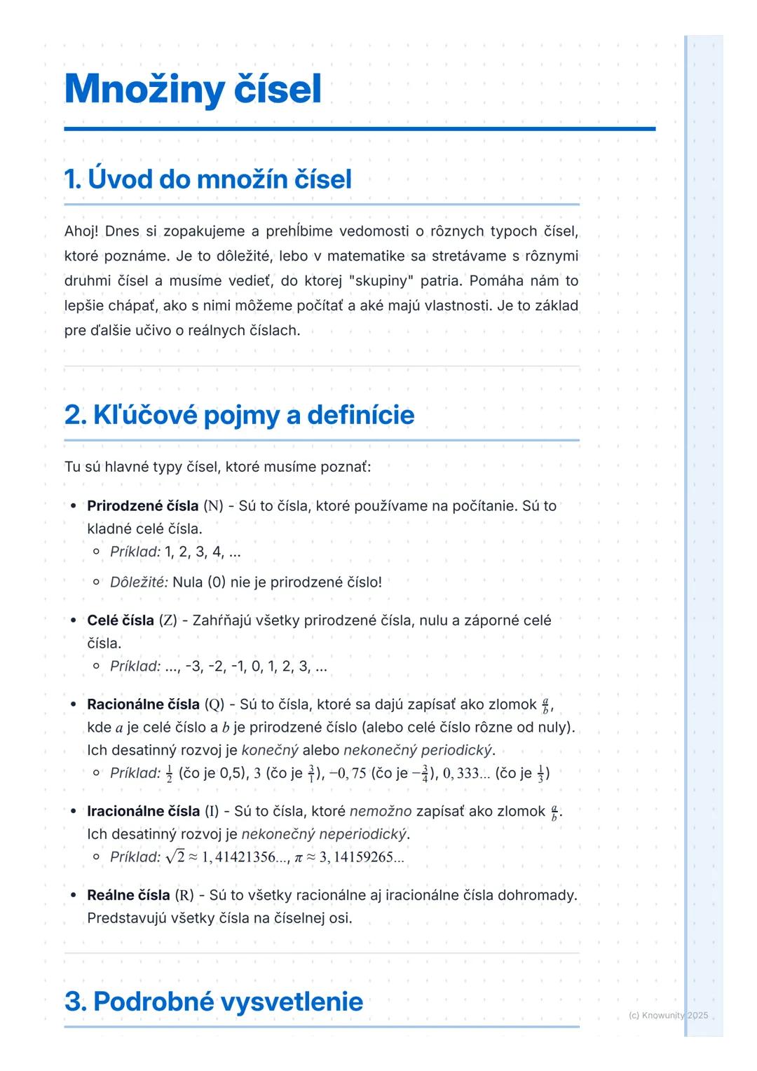 # Množiny čísel

## 1. Úvod do množín čísel

Ahoj! Dnes si zopakujeme a prehĺbime vedomosti o rôznych typoch čísel,
ktoré poznáme. Je to dôl