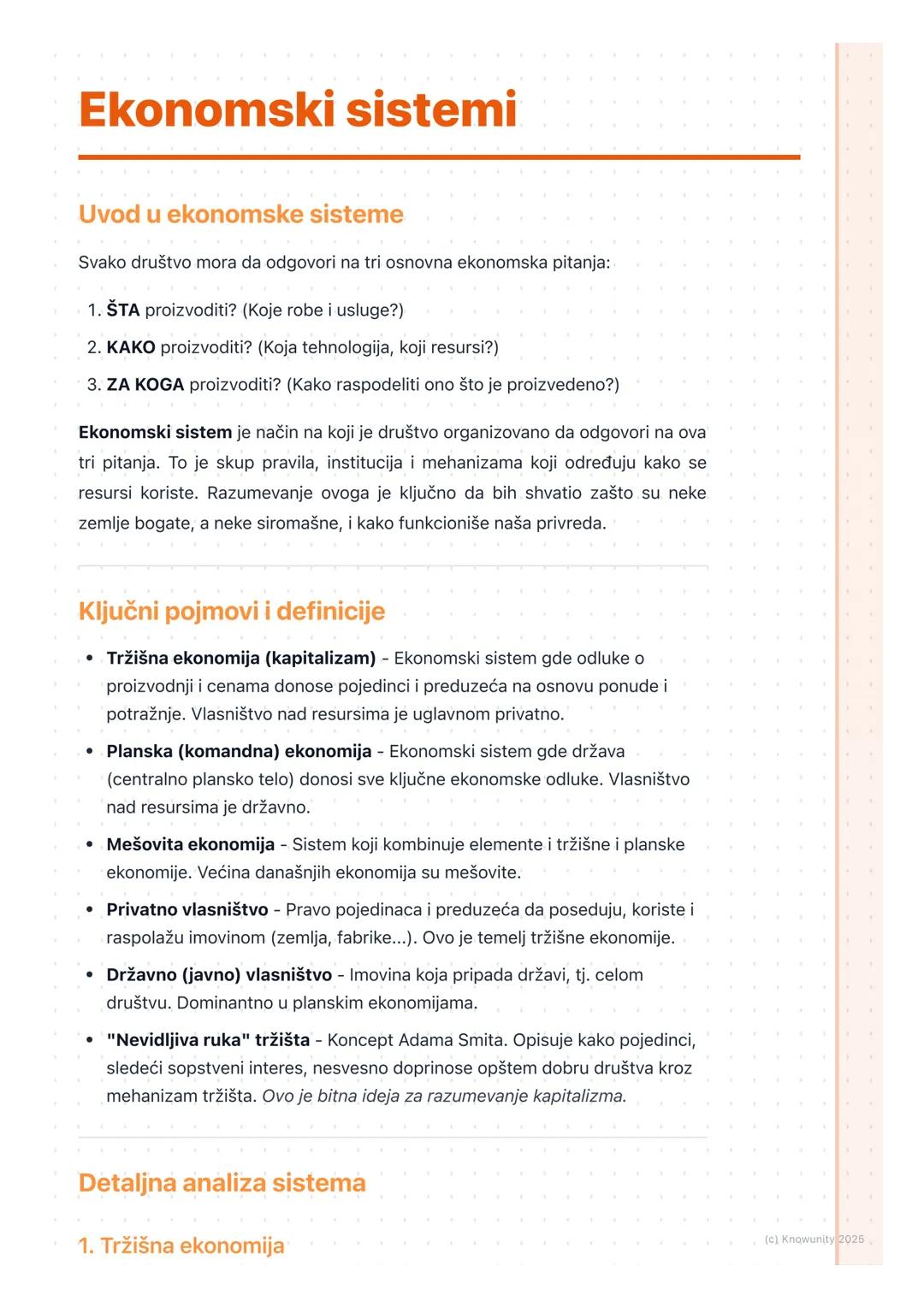 # Ekonomski sistemi

Uvod u ekonomske sisteme

Svako društvo mora da odgovori na tri osnovna ekonomska pitanja:

1. ŠTA proizvoditi? (Koje r