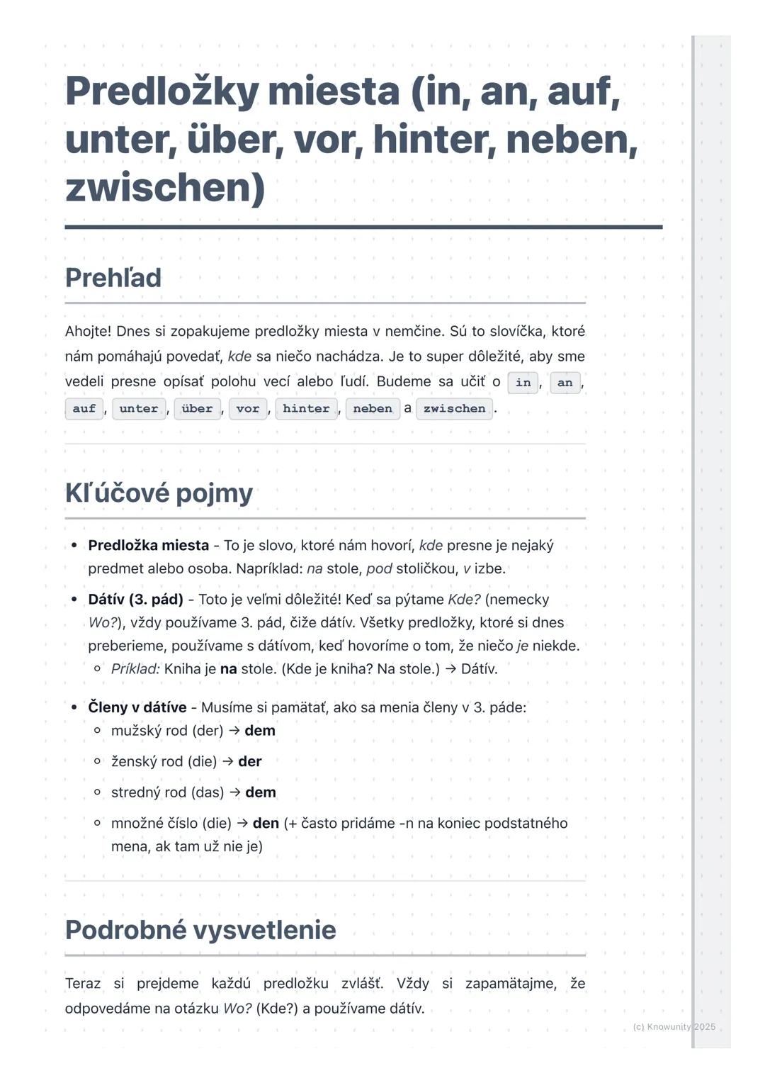 # Predložky miesta (in, an, auf,
unter, über, vor, hinter, neben,
zwischen)

Prehľad

Ahojte! Dnes si zopakujeme predložky miesta v nemčine.