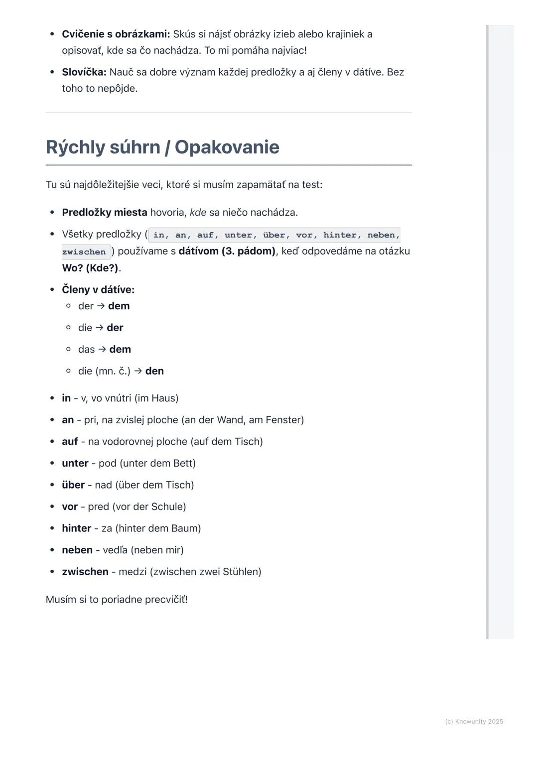 # Predložky miesta (in, an, auf,
unter, über, vor, hinter, neben,
zwischen)

Prehľad

Ahojte! Dnes si zopakujeme predložky miesta v nemčine.