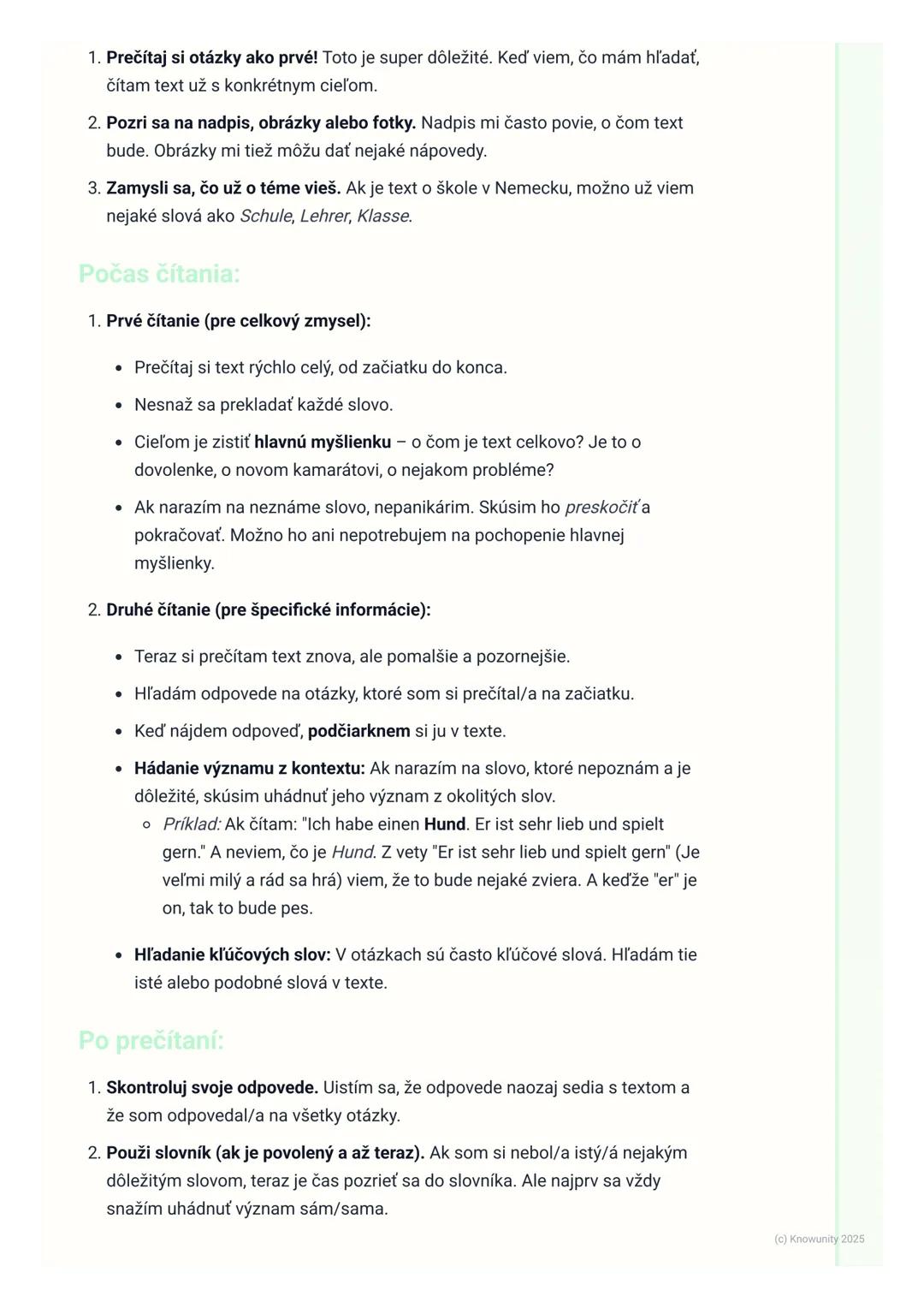 # Čítanie s porozumením

1. Prehľad / Úvod

Čítanie s porozumením je v nemčine veľmi dôležité. Znamená to, že dokážem
prečítať nemecký text 