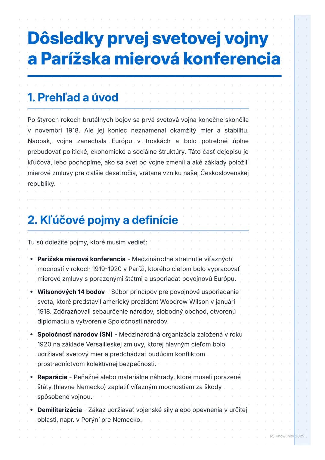 # Dôsledky prvej svetovej vojny
a Parížska mierová konferencia

1. Prehľad a úvod

Po štyroch rokoch brutálnych bojov sa prvá svetová vojna 