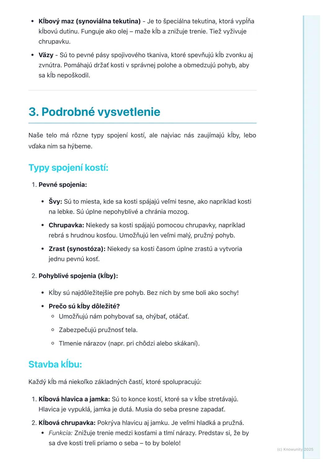 # Spojenia kostí – kĺby

## 1. Prehľad spojení kostí

Ahojte! Dnes si zopakujeme, ako sú naše kosti pospájané. Je to super dôležité,
lebo be