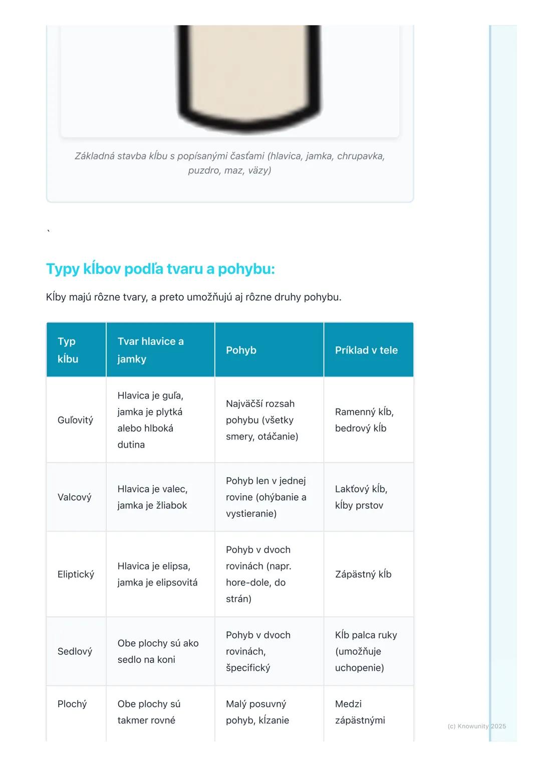 # Spojenia kostí – kĺby

## 1. Prehľad spojení kostí

Ahojte! Dnes si zopakujeme, ako sú naše kosti pospájané. Je to super dôležité,
lebo be