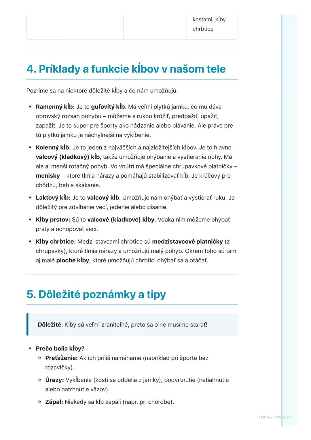 # Spojenia kostí – kĺby

## 1. Prehľad spojení kostí

Ahojte! Dnes si zopakujeme, ako sú naše kosti pospájané. Je to super dôležité,
lebo be