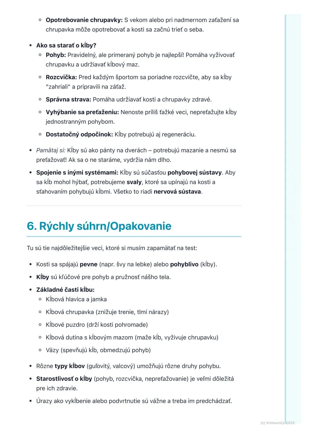 # Spojenia kostí – kĺby

## 1. Prehľad spojení kostí

Ahojte! Dnes si zopakujeme, ako sú naše kosti pospájané. Je to super dôležité,
lebo be