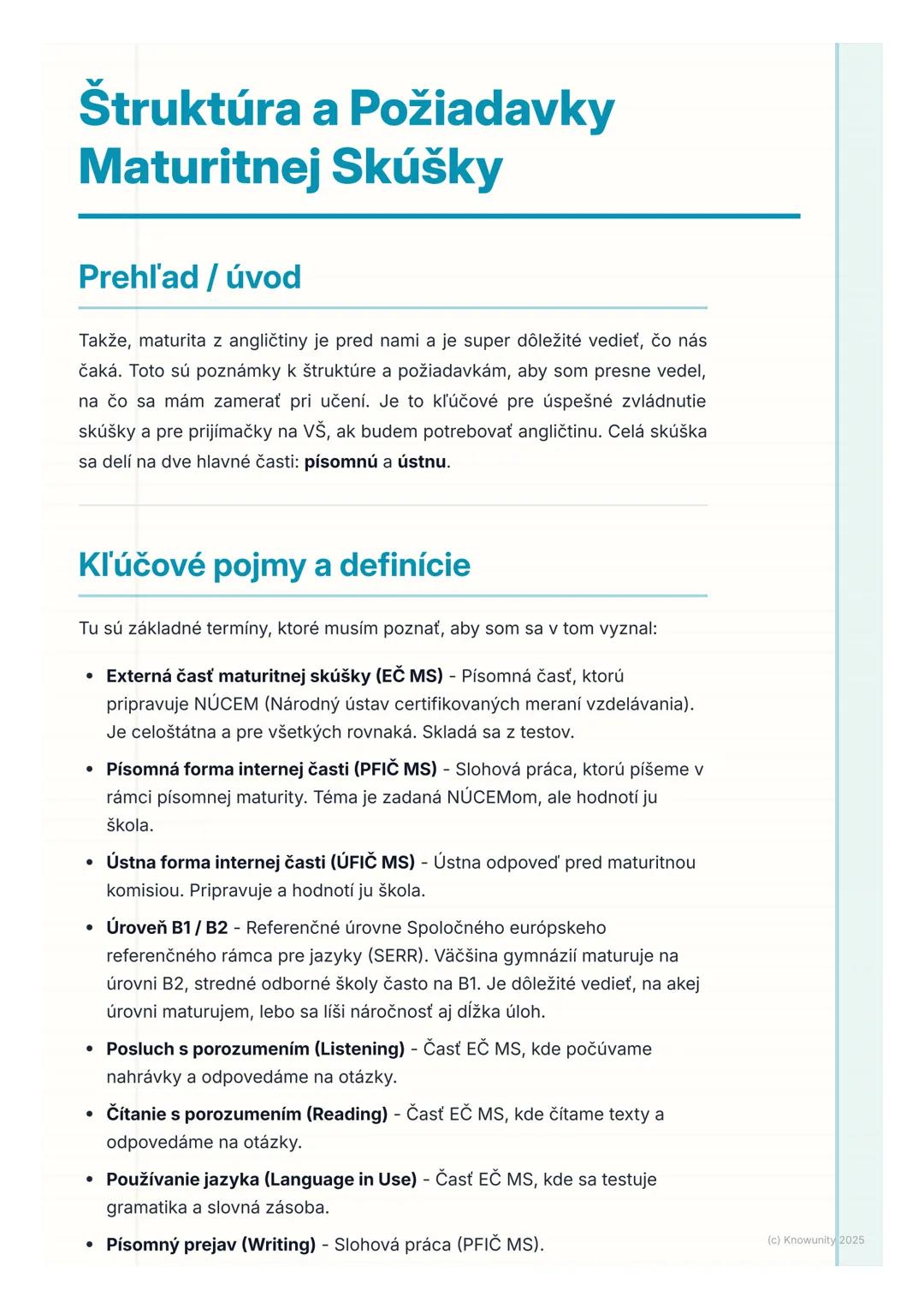 # Štruktúra a Požiadavky
Maturitnej Skúšky

Prehľad / úvod

Takže, maturita z angličtiny je pred nami a je super dôležité vedieť, čo nás
čak