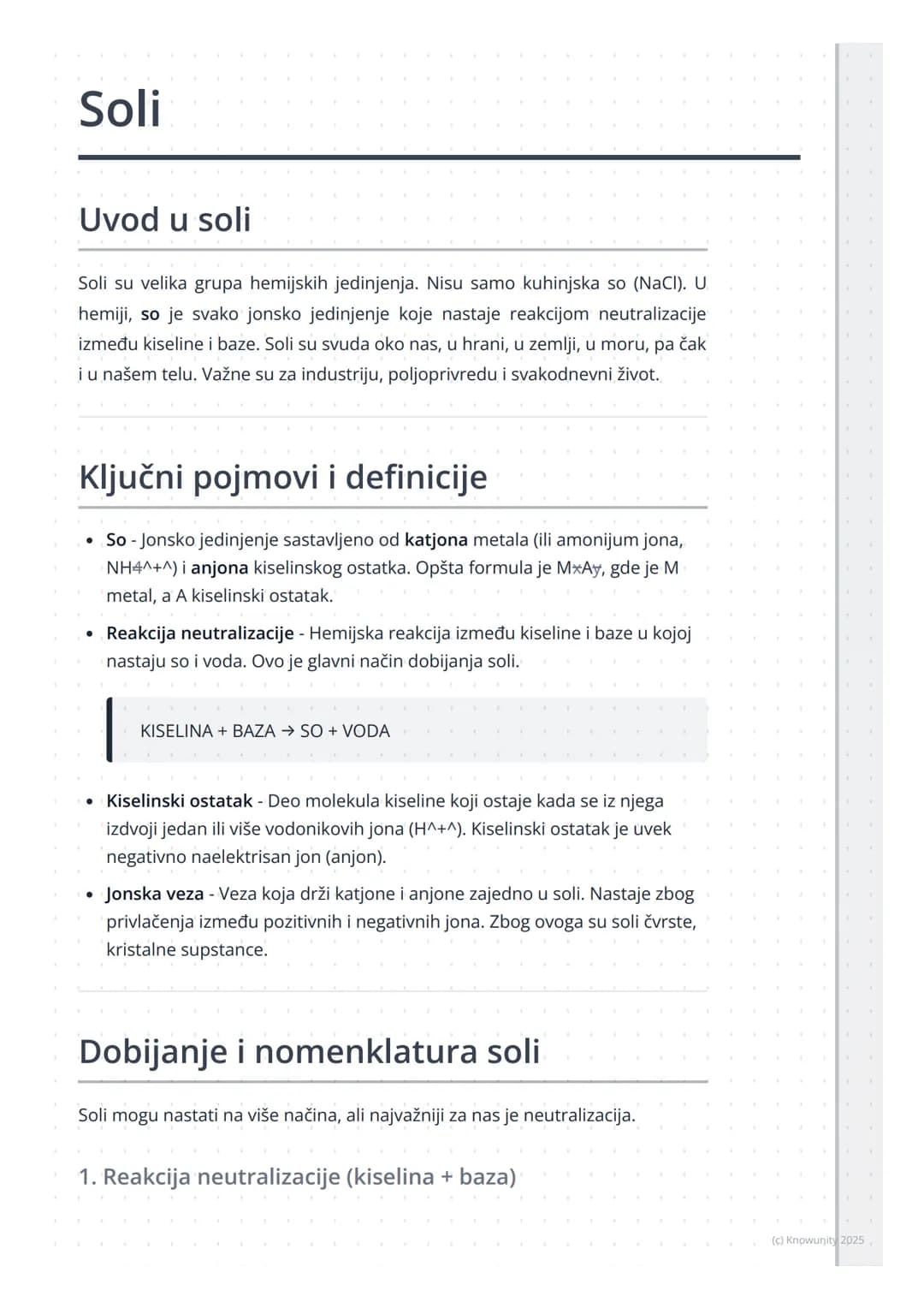 # Soli

Uvod u soli

Soli su velika grupa hemijskih jedinjenja. Nisu samo kuhinjska so (NaCl). U
hemiji, so je svako jonsko jedinjenje koje 