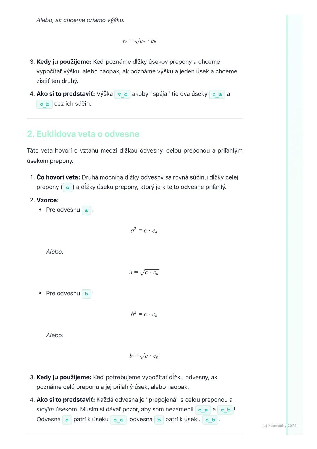 # Euklidove vety

Prehľad

Dnes si zopakujeme Euklidove vety, ktoré sú veľmi dôležité pri práci s
pravouhlými trojuholníkmi. Pomáhajú nám vy