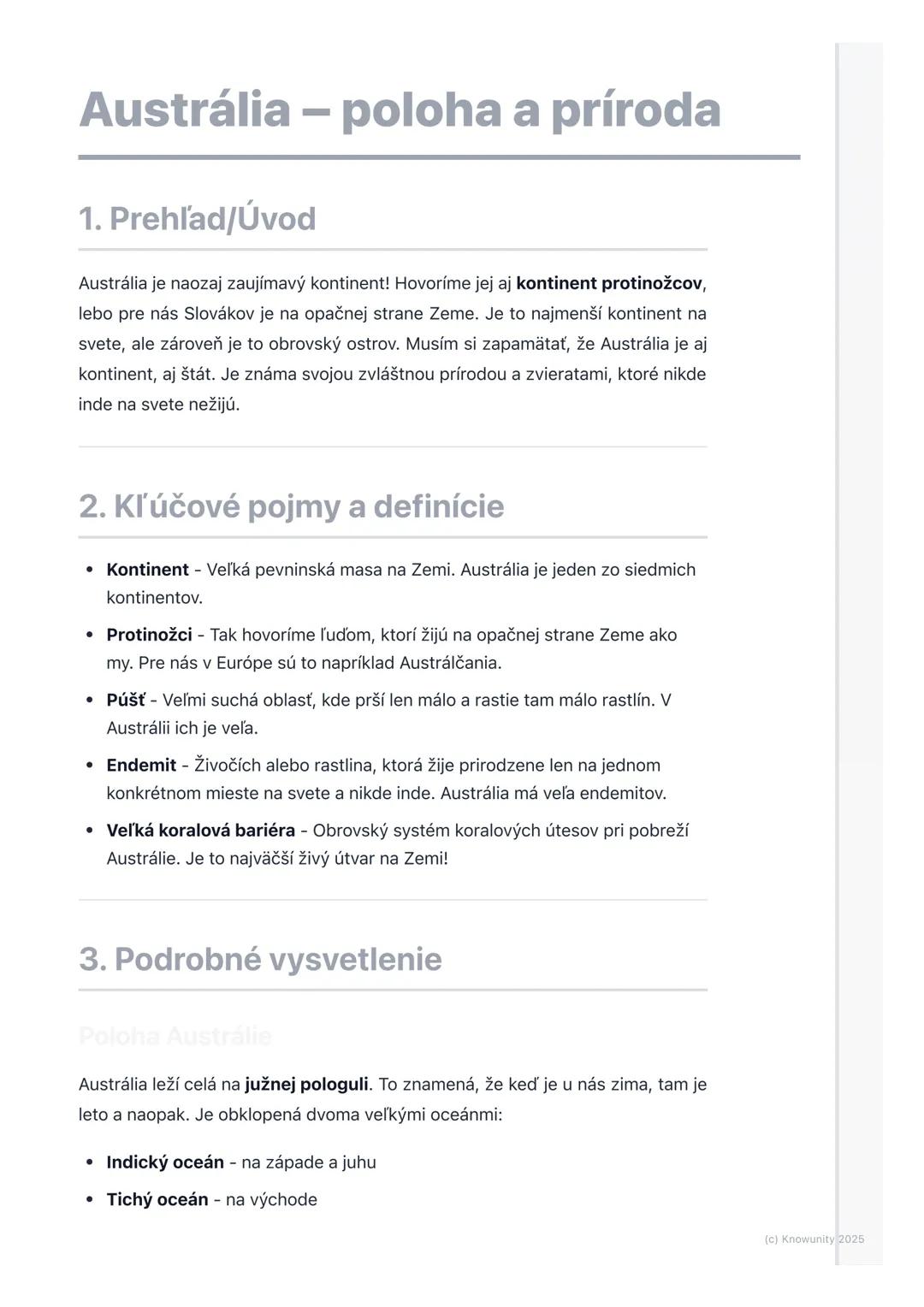 # Austrália - poloha a príroda

1. Prehľad/Úvod

Austrália je naozaj zaujímavý kontinent! Hovoríme jej aj kontinent protinožcov,
lebo pre ná