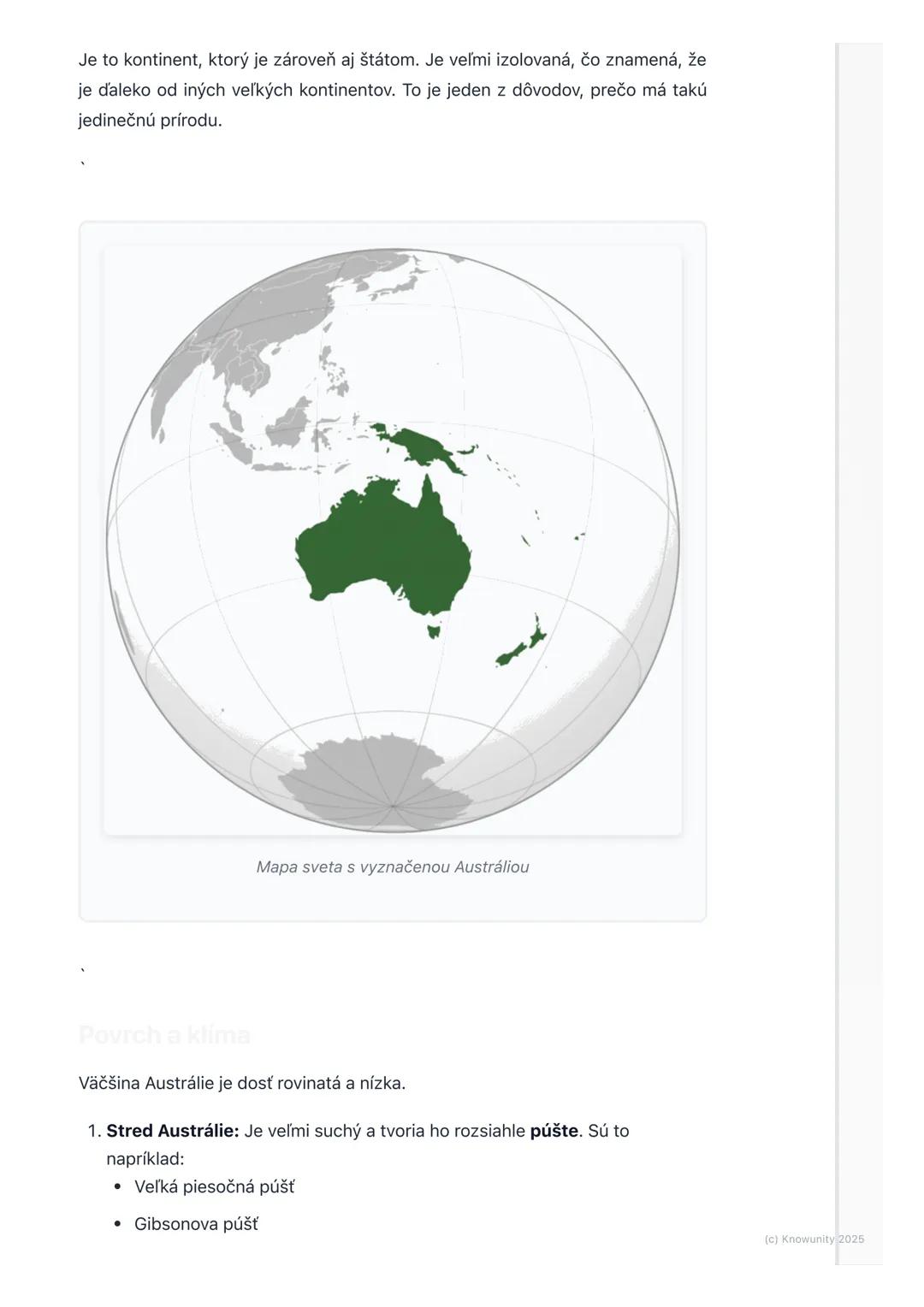 # Austrália - poloha a príroda

1. Prehľad/Úvod

Austrália je naozaj zaujímavý kontinent! Hovoríme jej aj kontinent protinožcov,
lebo pre ná