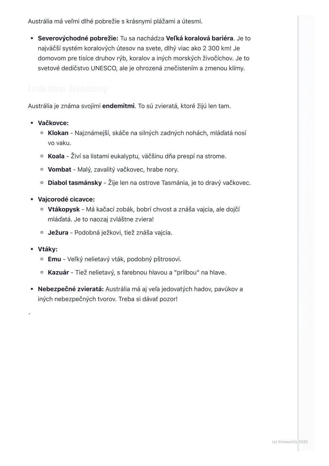 # Austrália - poloha a príroda

1. Prehľad/Úvod

Austrália je naozaj zaujímavý kontinent! Hovoríme jej aj kontinent protinožcov,
lebo pre ná