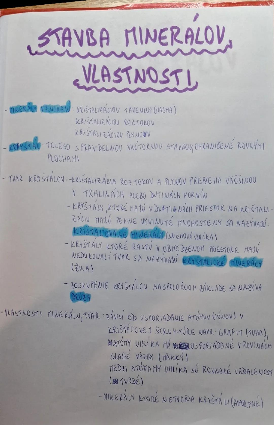 # STAVBA MINERÁLOV

# VLASTNOSTI,

- MINERÁLY VENIKAJU: KRIŠTALIZÁCIOU TAVENINY (HAGHA)
  KRISTALIZÁCIOU ROZTOKOV
  KRISTALIZÁCIOU PLYNOV

-