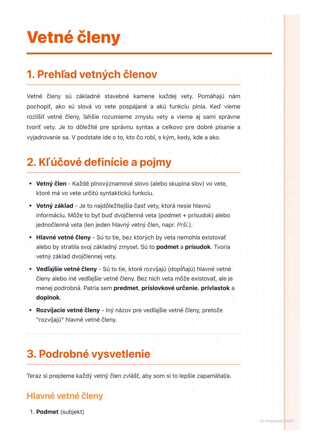 # Vetné členy

1. Prehľad vetných členov

Vetné členy sú základné stavebné kamene každej vety. Pomáhajú nám
pochopiť, ako sú slová vo vete p