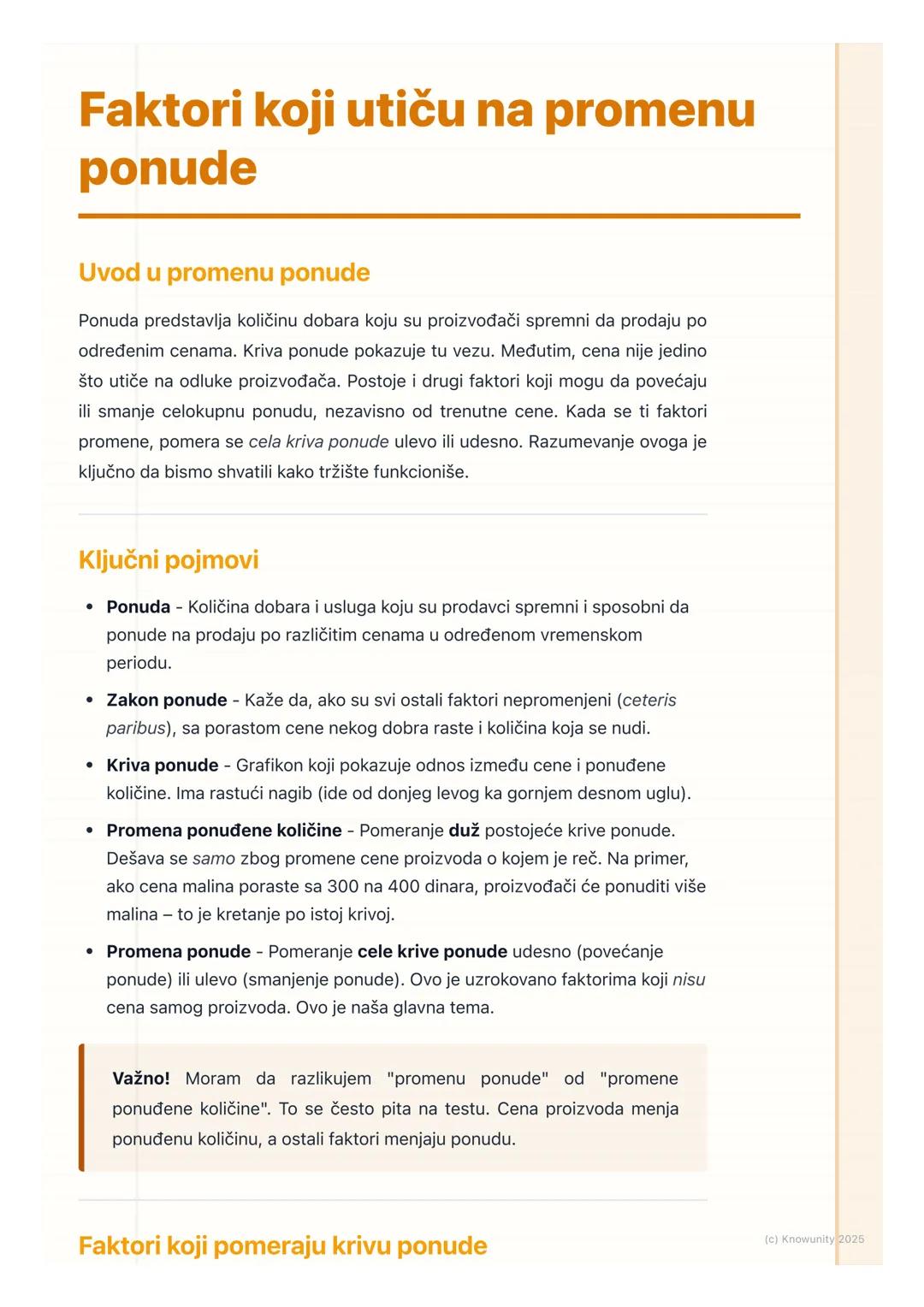 # Faktori koji utiču na promenu
ponude

Uvod u promenu ponude

Ponuda predstavlja količinu dobara koju su proizvođači spremni da prodaju po
