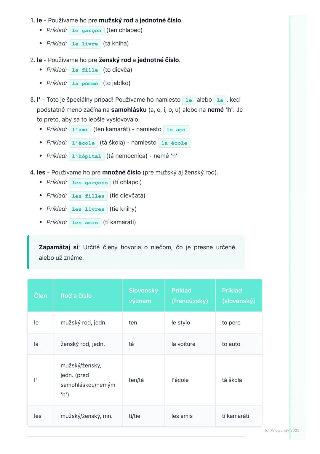 # Členy (určité a neurčité)

1. Prehľad členov vo francúzštine

Členy sú také malé slovíčka, ktoré dávame pred podstatné mená vo
francúzštin