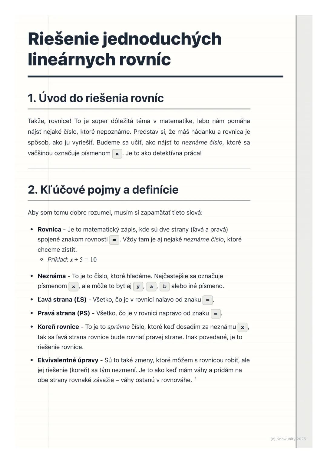 # Riešenie jednoduchých
lineárnych rovníc

## 1. Úvod do riešenia rovníc

Takže, rovnice! To je super dôležitá téma v matematike, lebo nám p