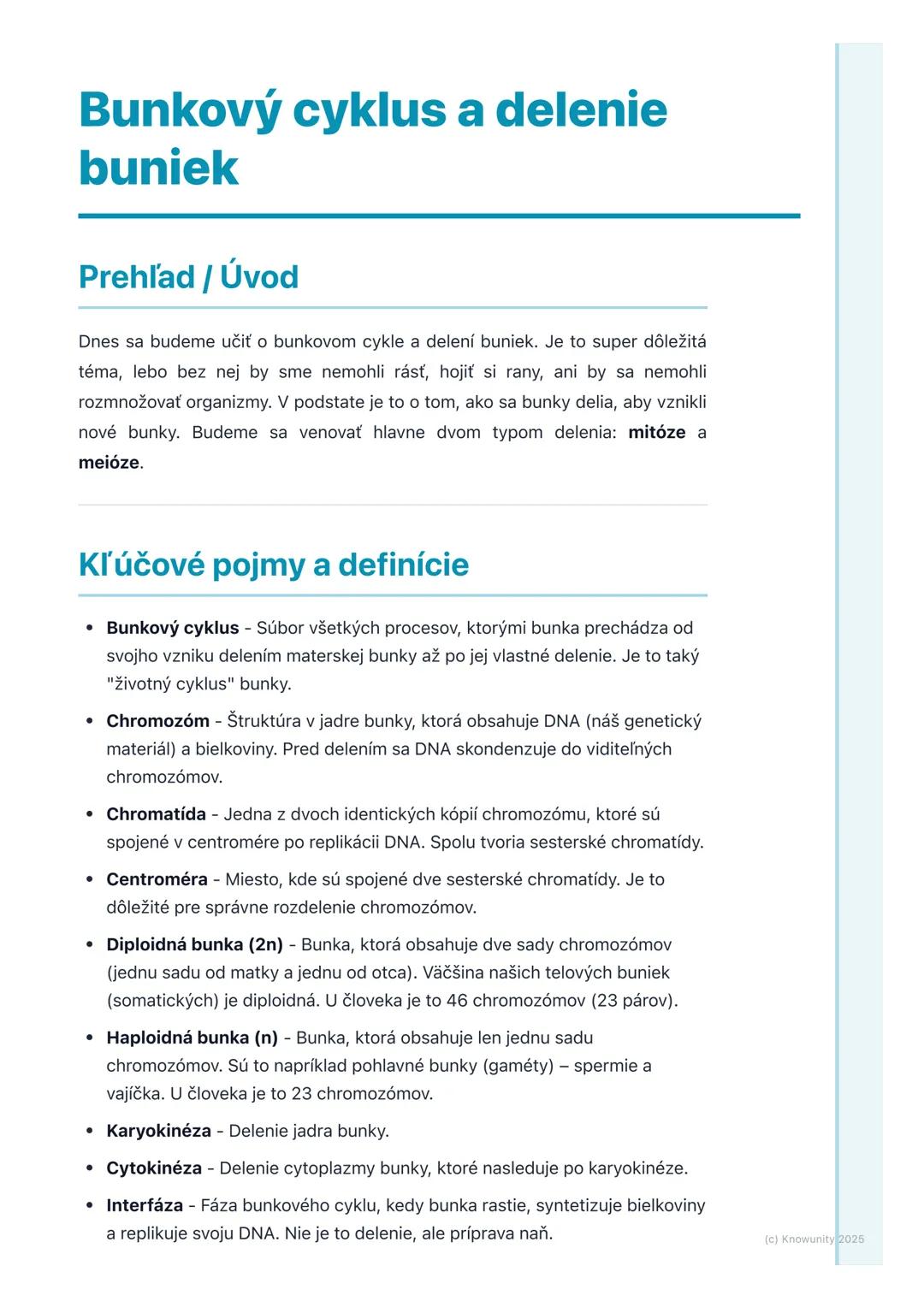 # Bunkový cyklus a delenie
buniek

Prehľad / Úvod

Dnes sa budeme učiť o bunkovom cykle a delení buniek. Je to super dôležitá
téma, lebo bez