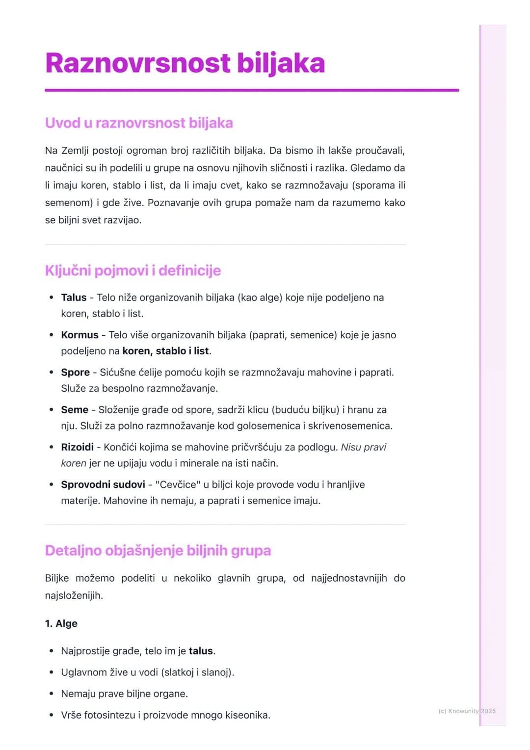 # Raznovrsnost biljaka

Uvod u raznovrsnost biljaka

Na Zemlji postoji ogroman broj različitih biljaka. Da bismo ih lakše proučavali,
naučni