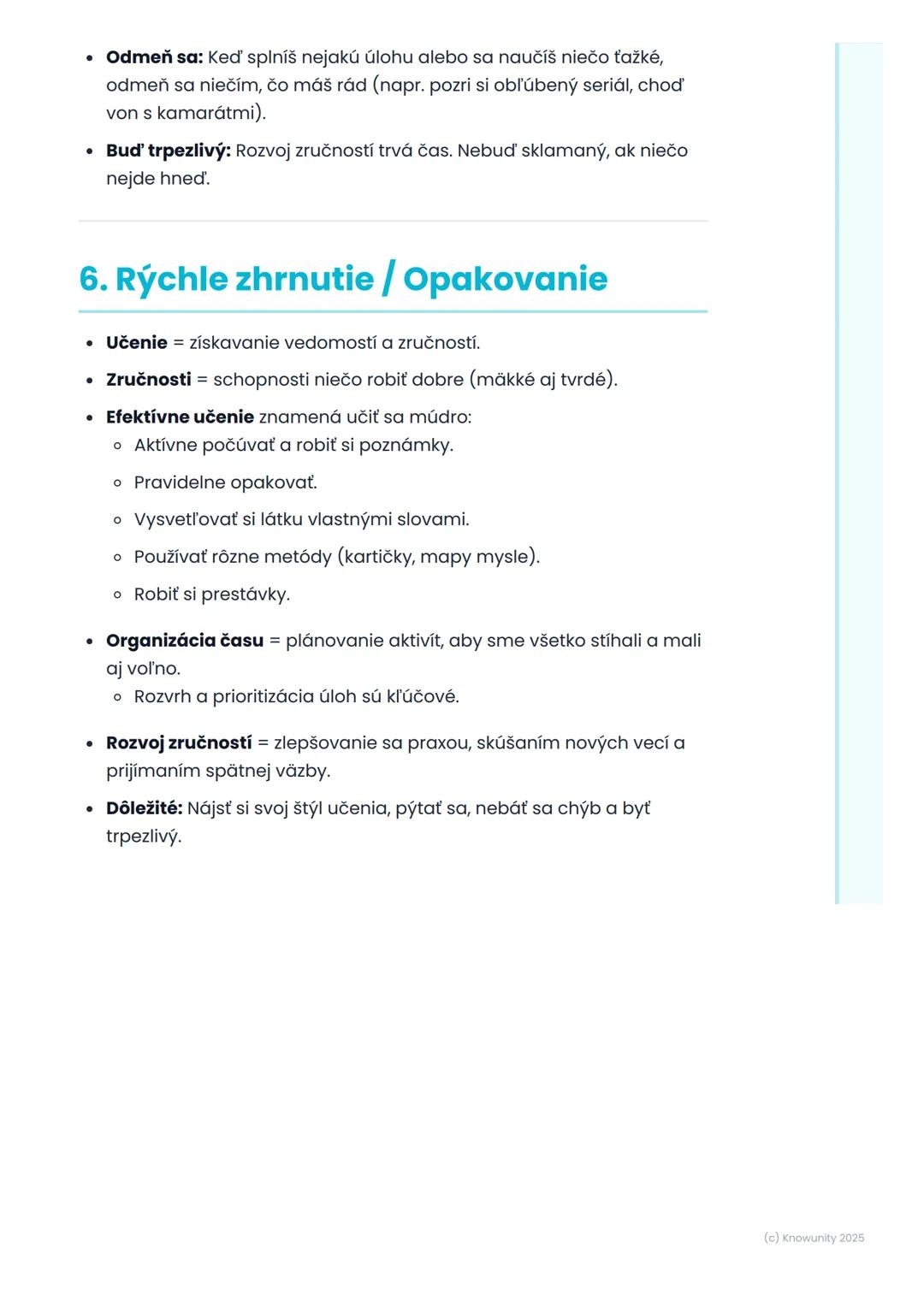# Učenie a rozvoj zručností

1. Prehľad / Úvod

Toto je dôležitá téma, lebo nám pomáha pochopiť, ako sa učiť nielen do
školy, ale aj do živo