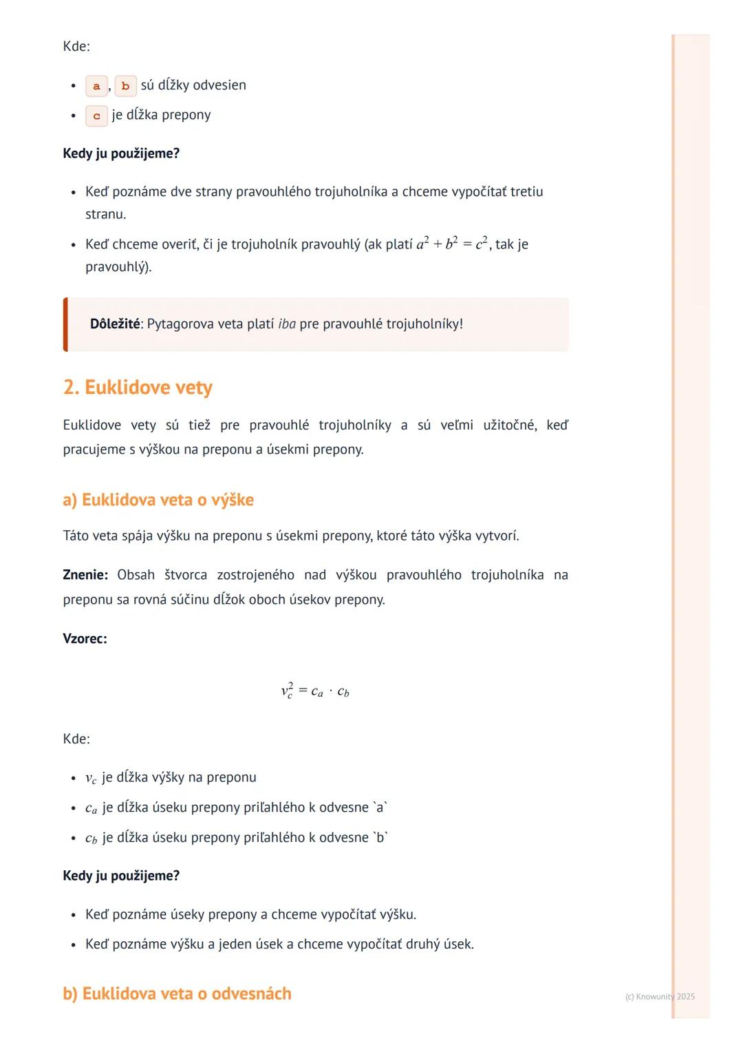 # Pytagorova veta a Euklidove vety

Úvod do témy

Dnes si zopakujeme Pytagorovu vetu a hlavne sa naučíme pracovať s Euklidovými
vetami. Tiet