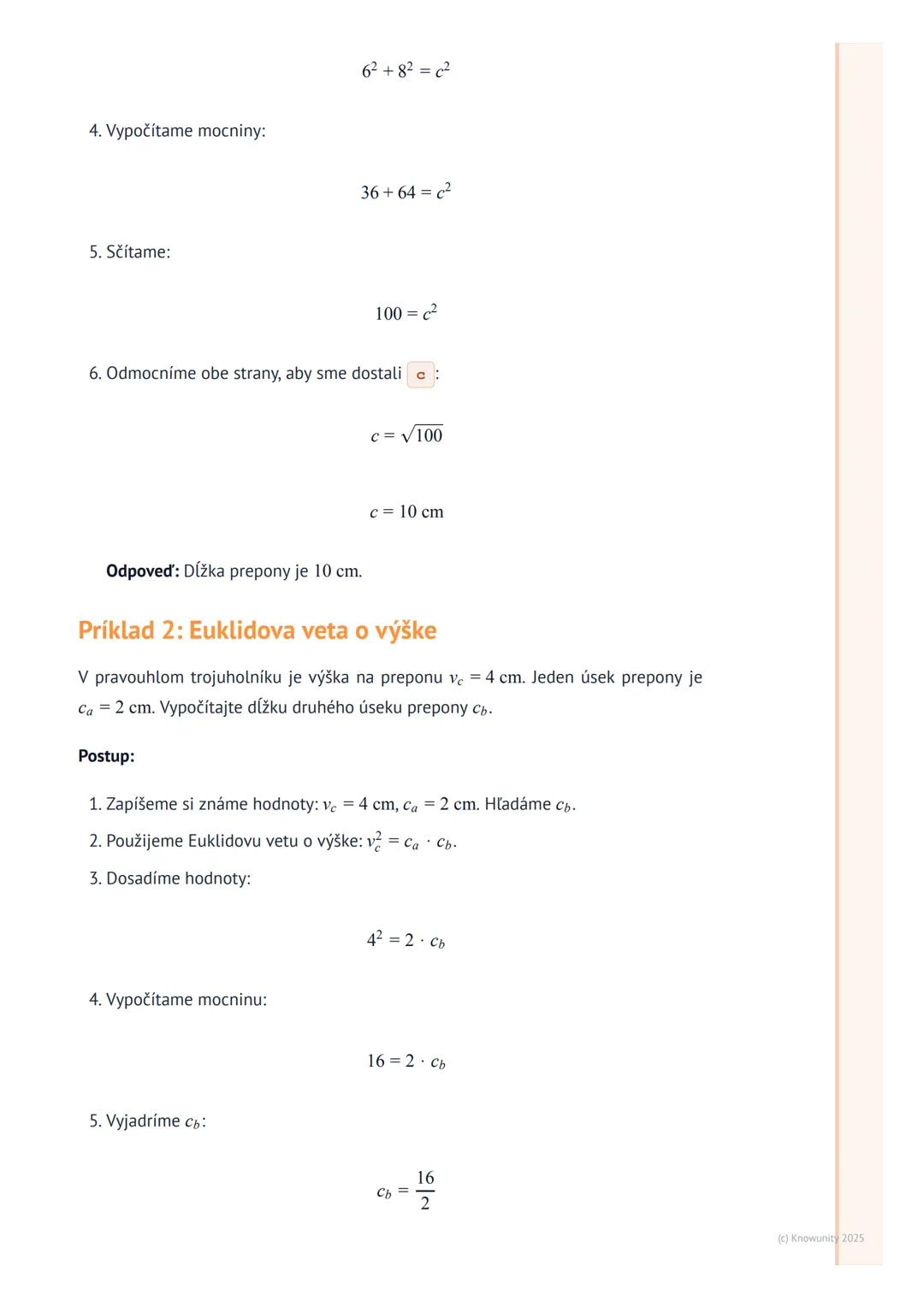 # Pytagorova veta a Euklidove vety

Úvod do témy

Dnes si zopakujeme Pytagorovu vetu a hlavne sa naučíme pracovať s Euklidovými
vetami. Tiet