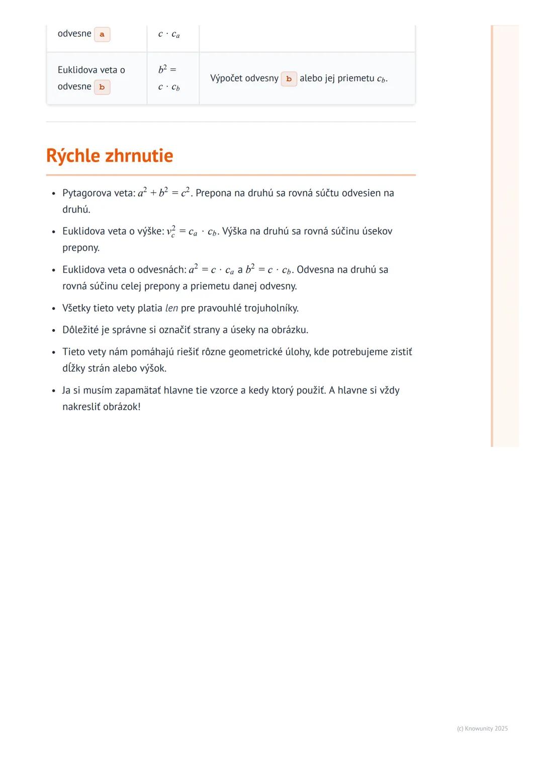 # Pytagorova veta a Euklidove vety

Úvod do témy

Dnes si zopakujeme Pytagorovu vetu a hlavne sa naučíme pracovať s Euklidovými
vetami. Tiet
