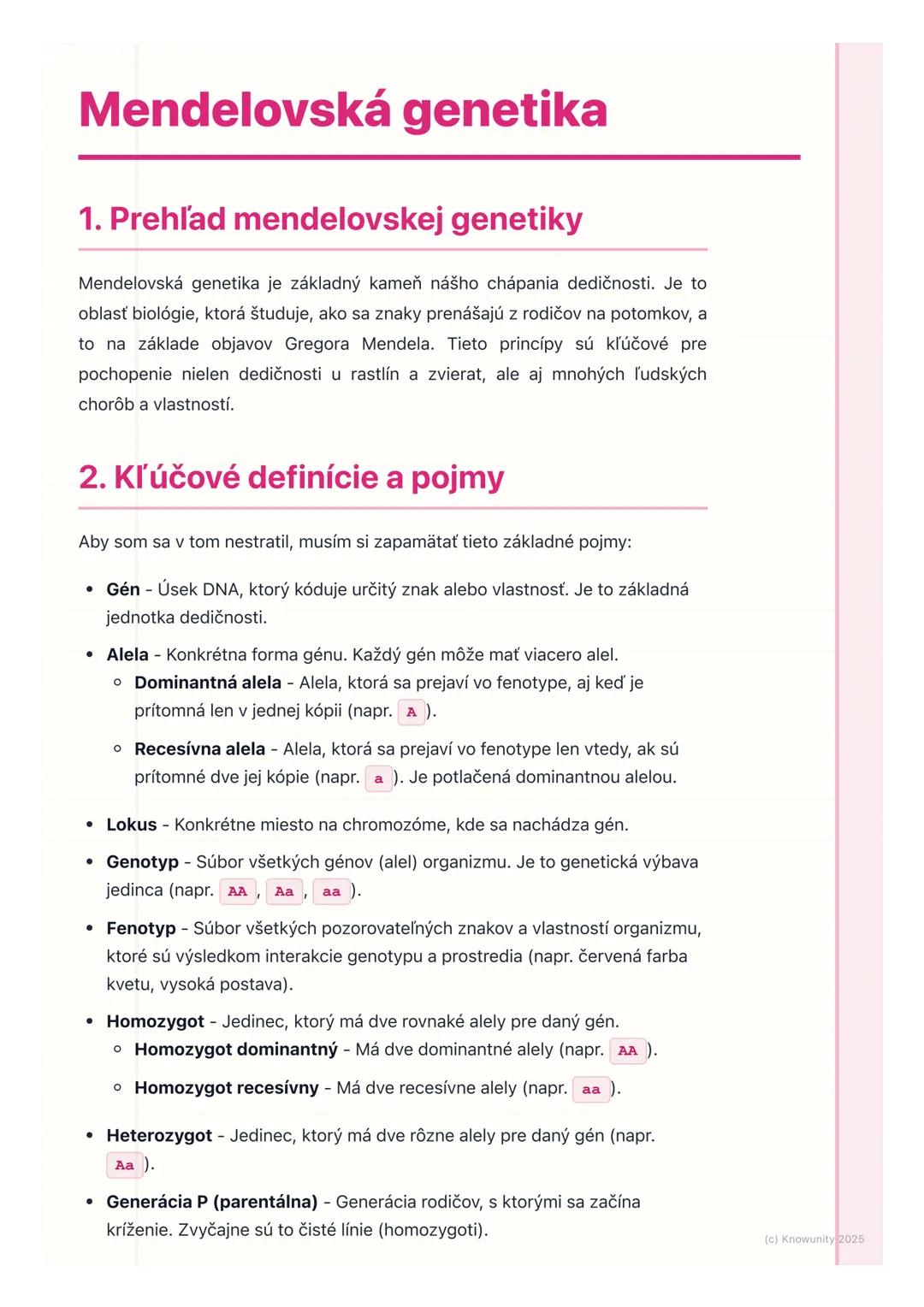 # Mendelovská genetika

1. Prehľad mendelovskej genetiky

Mendelovská genetika je základný kameň nášho chápania dedičnosti. Je to
oblasť bio