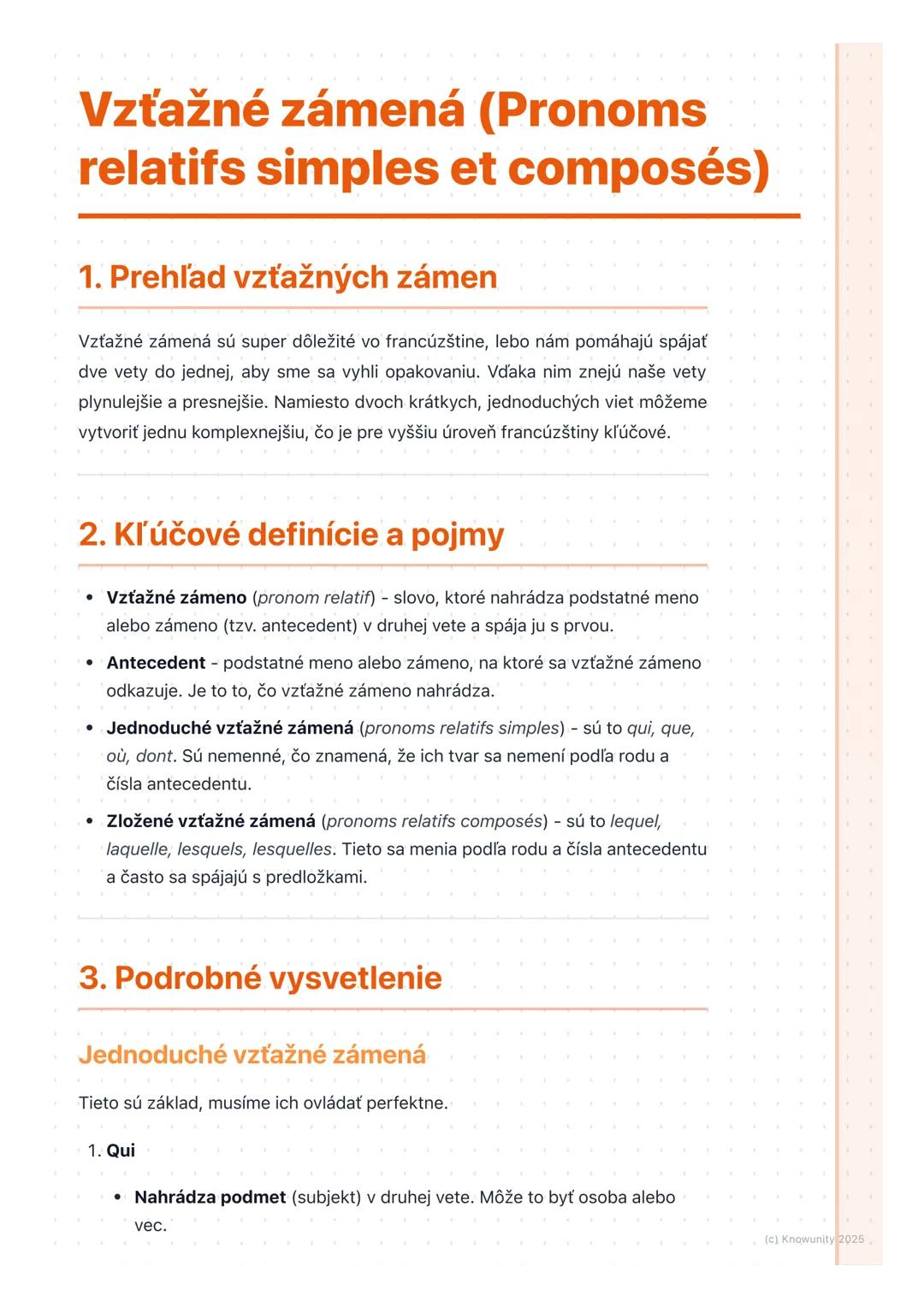 # Vzťažné zámená (Pronoms
relatifs simples et composés)

1. Prehľad vzťažných zámen

Vzťažné zámená sú super dôležité vo francúzštine, lebo 