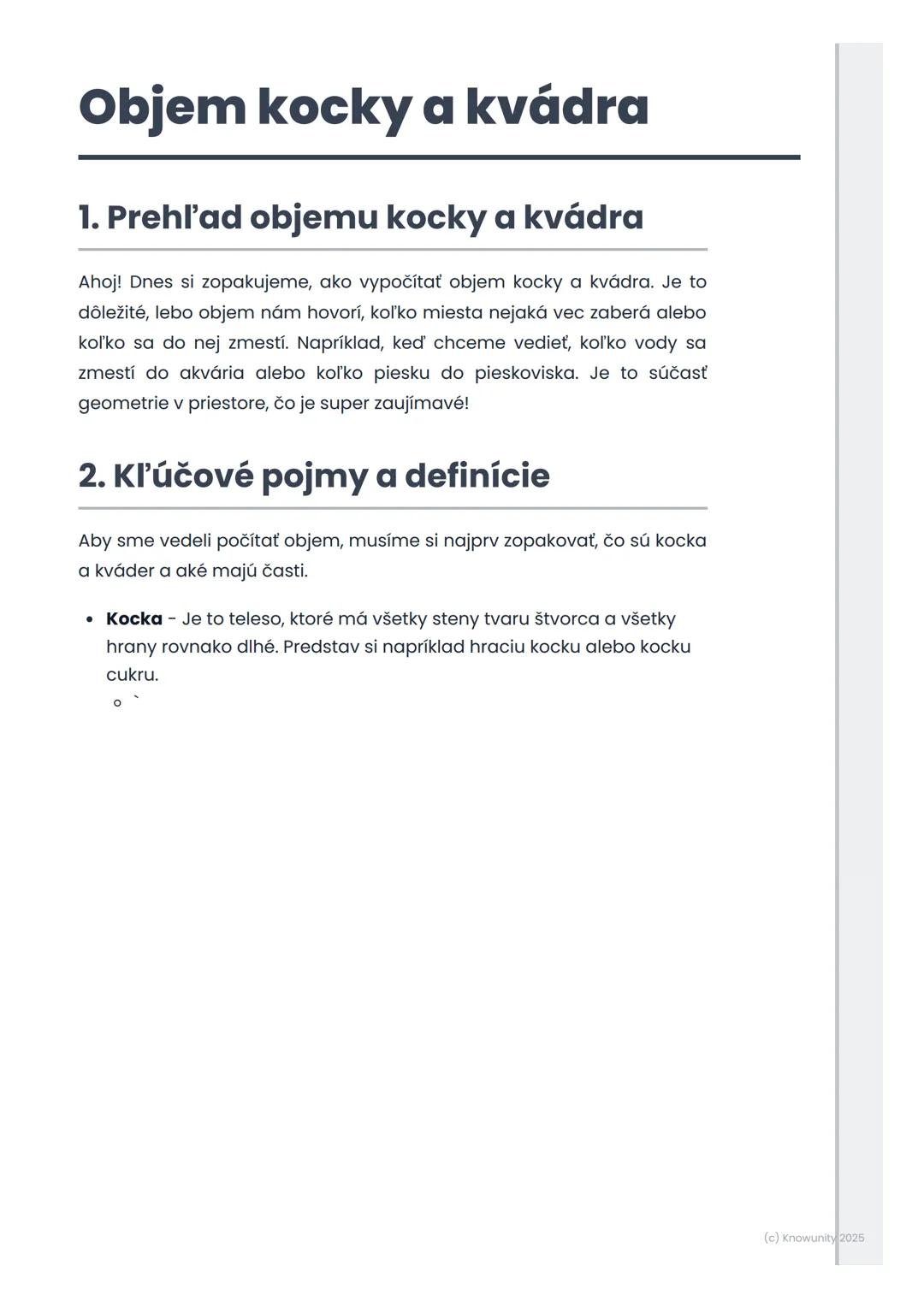 # Objem kocky a kvádra

1. Prehľad objemu kocky a kvádra

Ahoj! Dnes si zopakujeme, ako vypočítať objem kocky a kvádra. Je to
dôležité, lebo