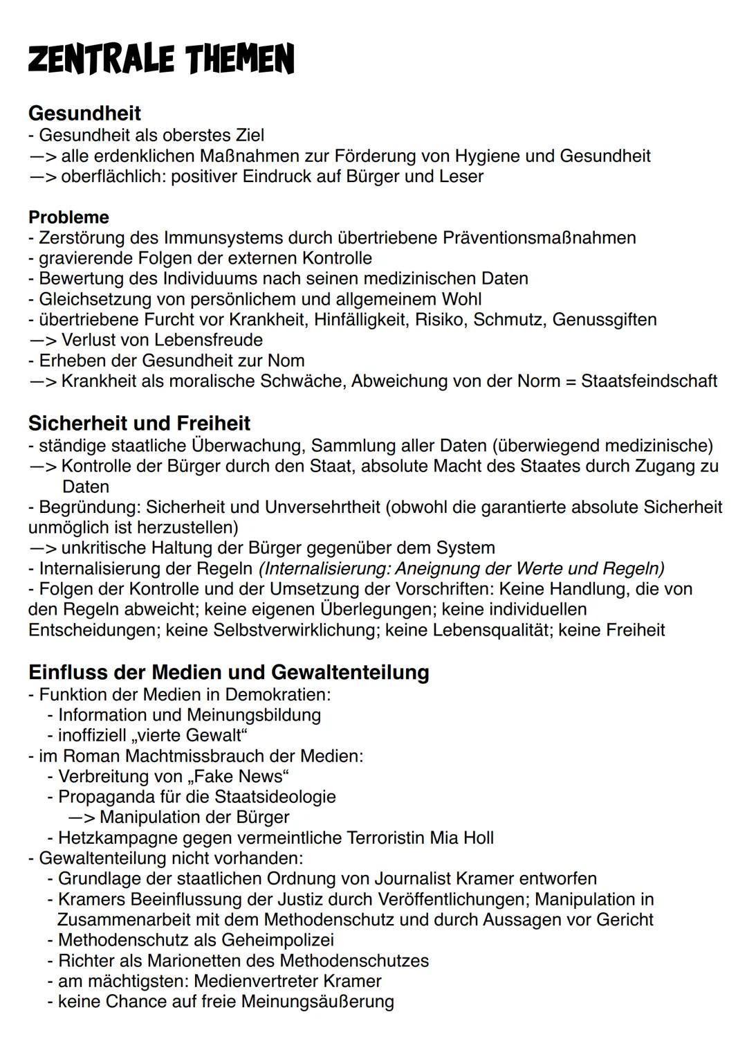 # Zusammenfassung des Inhalts

- Zukunftsroman (21. Jahrhundert)
- Gesundheitsdiktatur
- "> Bürger werden von Regierung „Methode" streng übe
