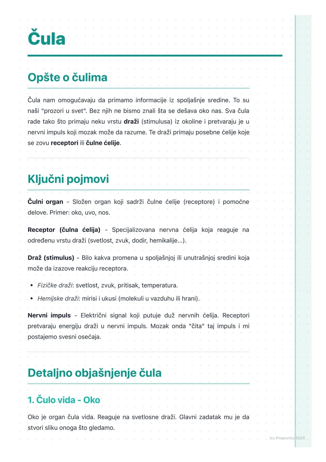 # Čula

## Opšte o čulima

Čula nam omogućavaju da primamo informacije iz spoljašnje sredine. To su
naši "prozori u svet". Bez njih ne bismo